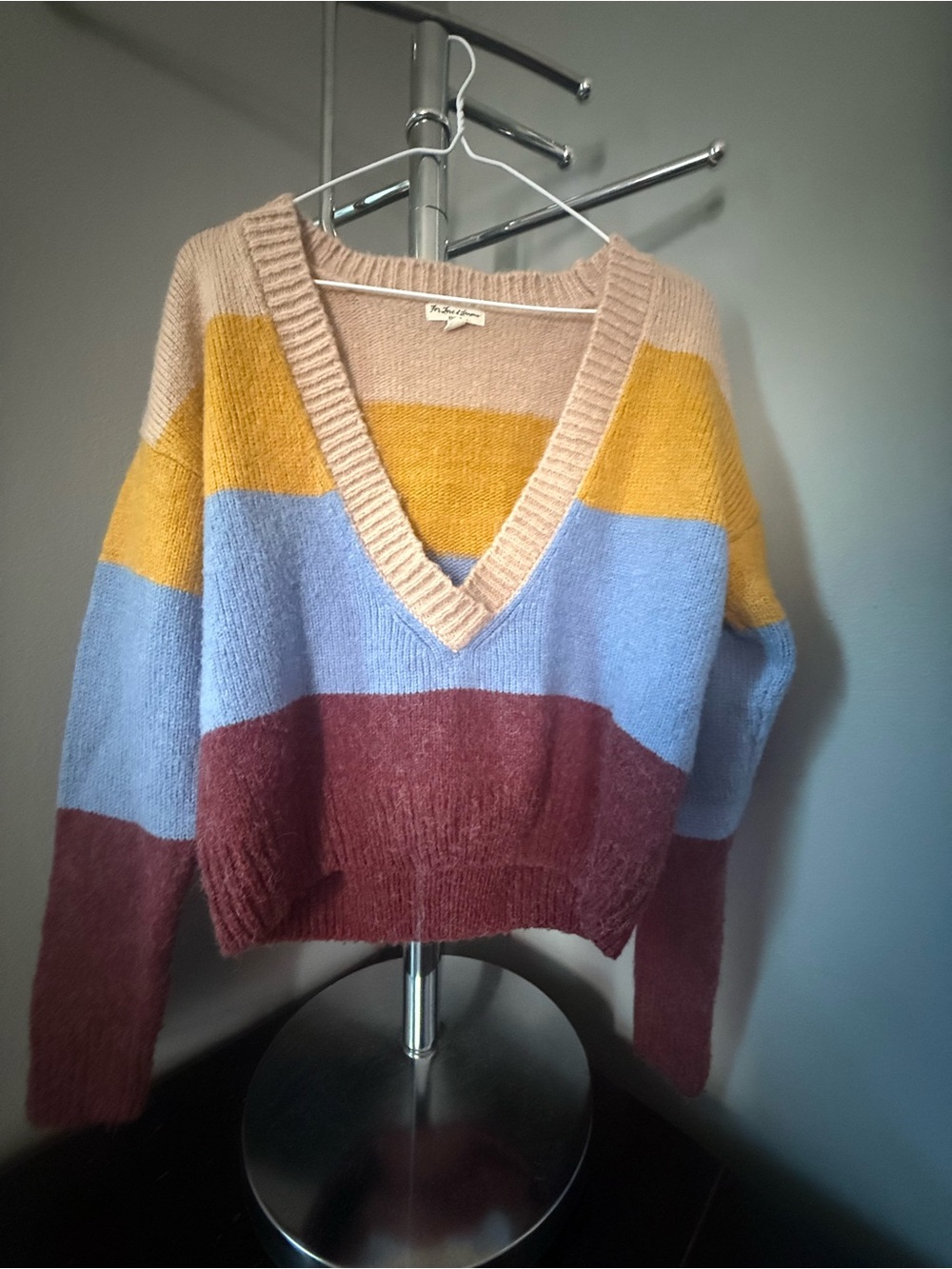 For Love And Lemons Striped V-Neck Sweater in Mustard, Light Blue & Burgundy